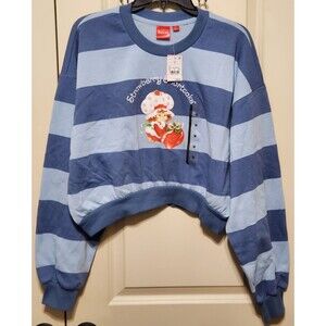 Strawberry Shortcake Women’s Cropped Sweatshirt Blue Striped Size MEDIUM - NWT